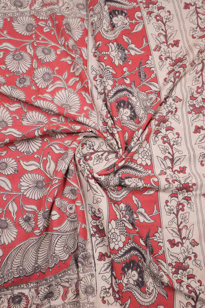 Red Kalamkari Pure Cotton  Floral Prints Peacock Pallu Saree