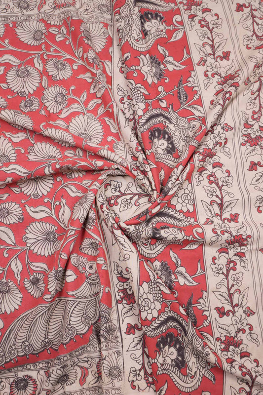 Red Kalamkari Pure Cotton  Floral Prints Peacock Pallu Saree