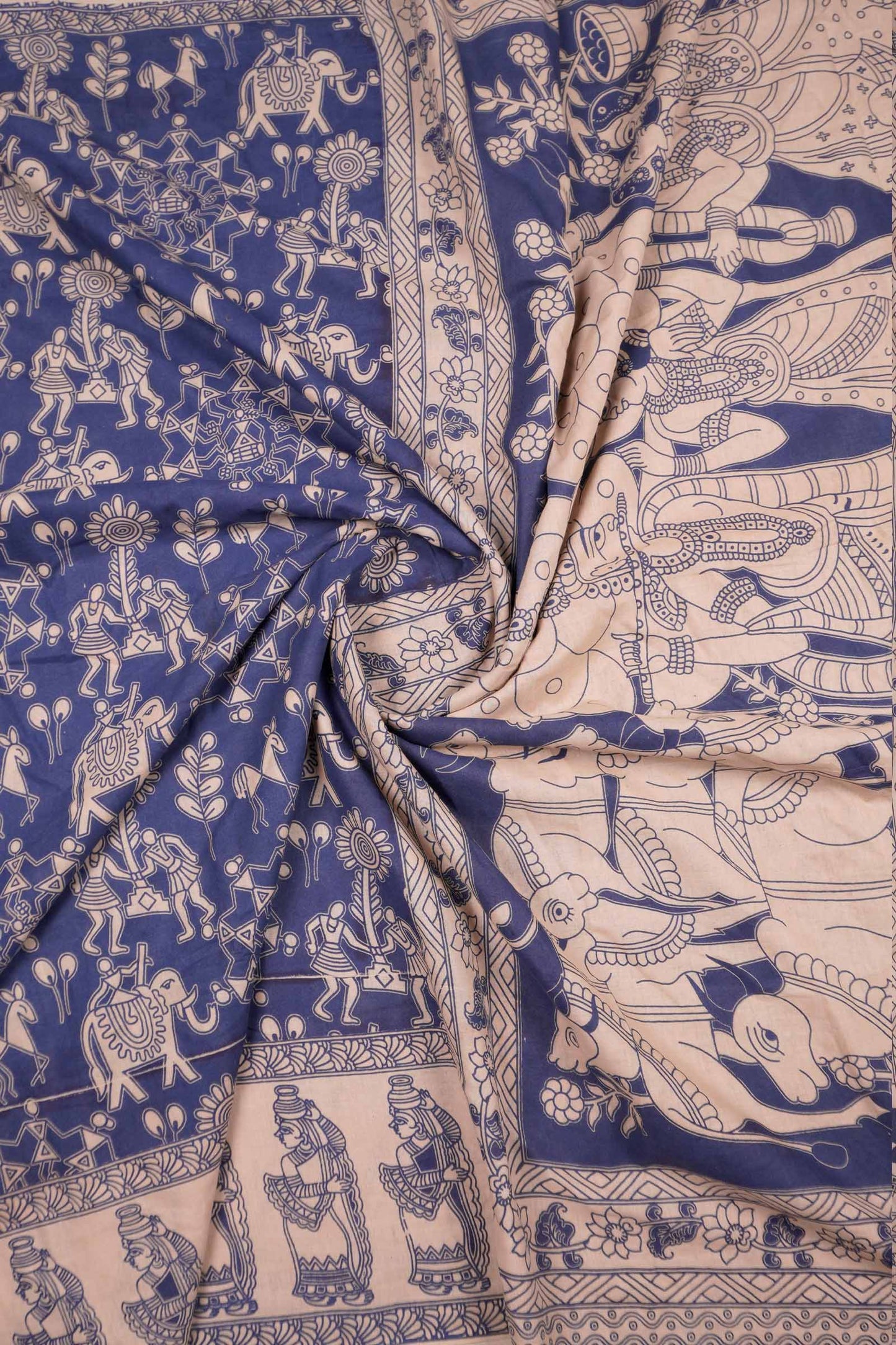 Blue  Kalamkari Pure Cotton Warli Inspired Print Royal Cow Pallu Saree