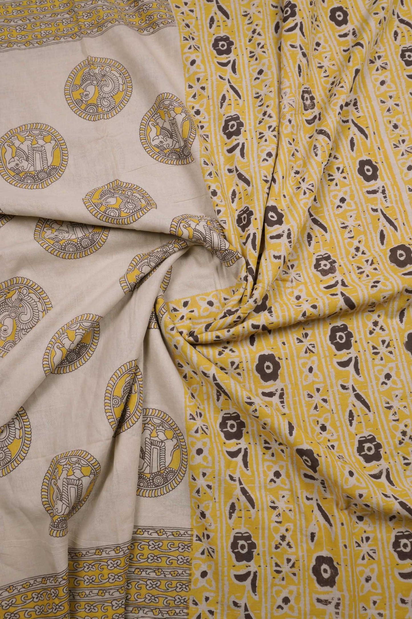 Off White With Yellow Kalamkari Pure Cotton Elephant Peacock Butta Saree