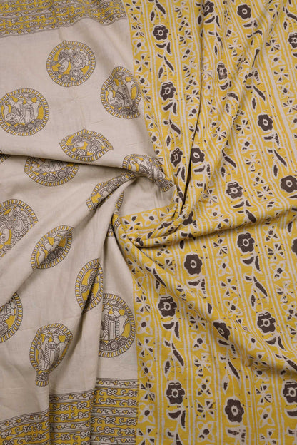Off White With Yellow Kalamkari Pure Cotton Elephant Peacock Butta Saree