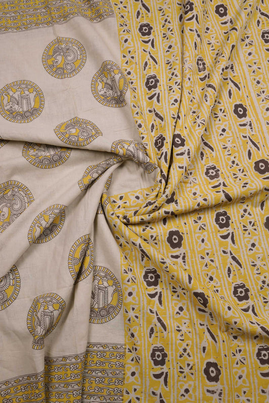 Off White With Yellow Kalamkari Pure Cotton Elephant Peacock Butta Saree