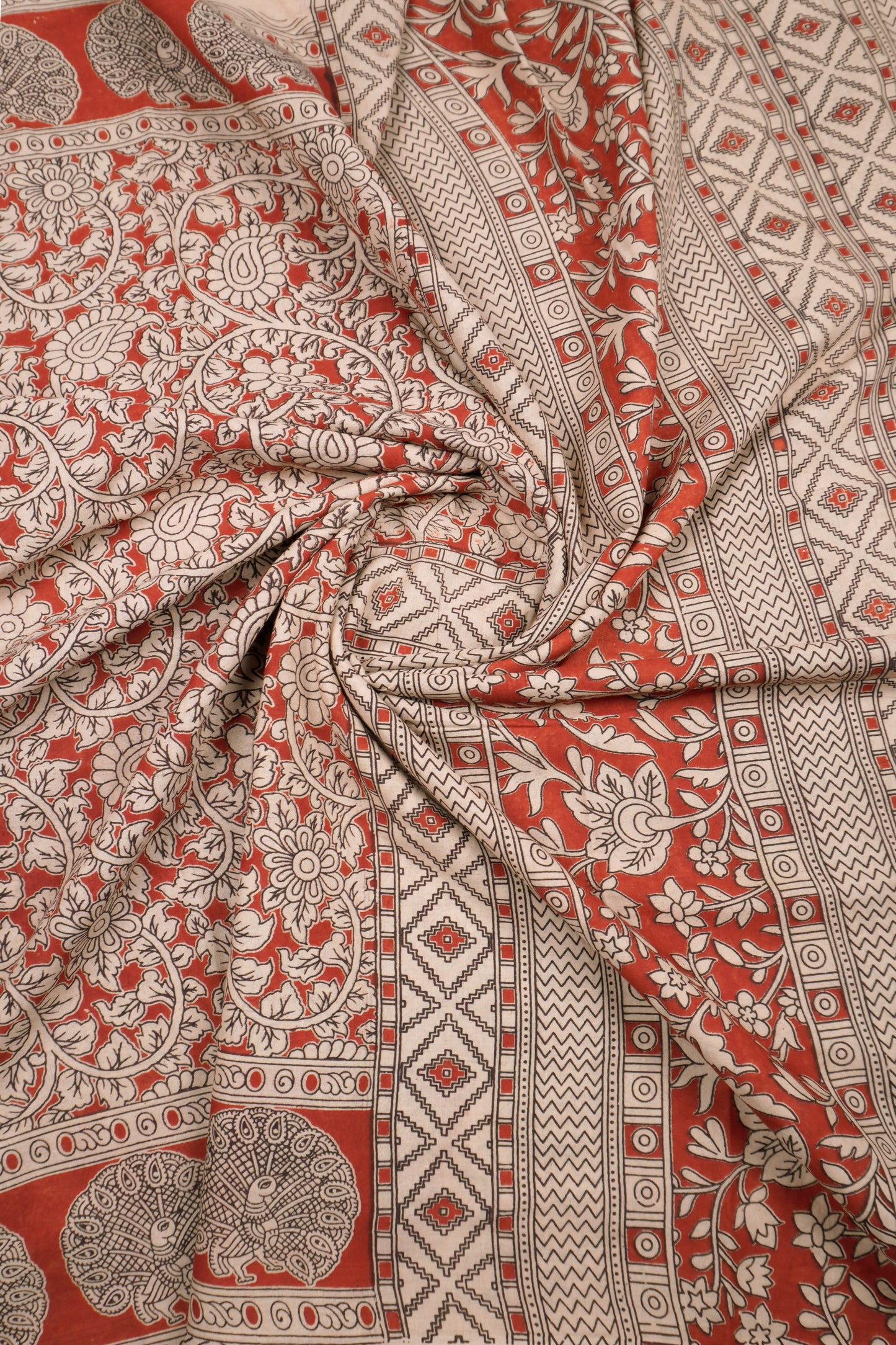 Maroon Kalamkari Pure Cotton  Floral Print Peacock Border Saree