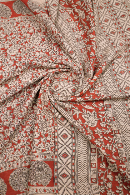 Maroon Kalamkari Pure Cotton  Floral Print Peacock Border Saree