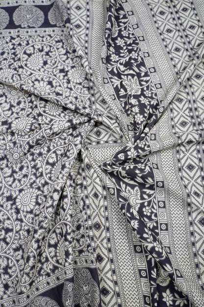 Black Kalamkari Pure Cotton Floral Print Peacock Border Saree