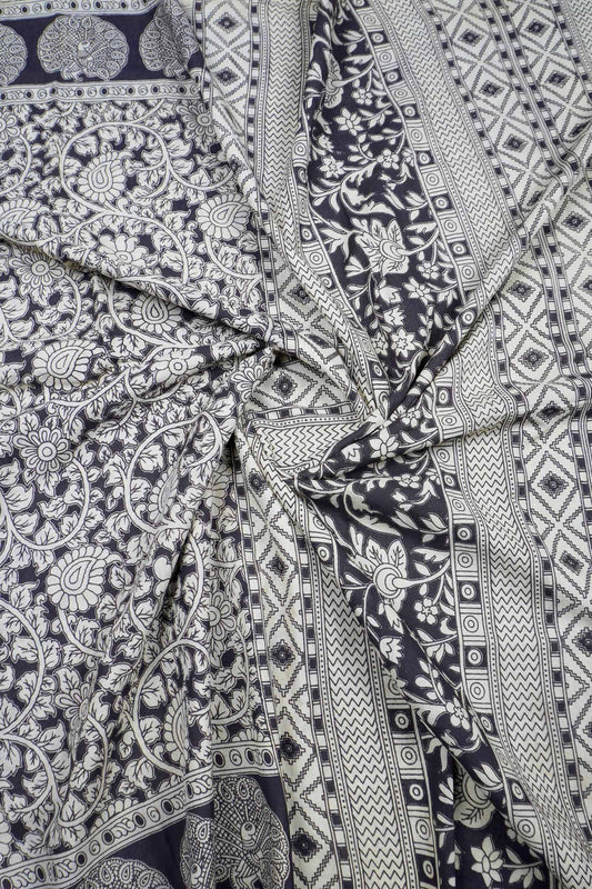 Black Kalamkari Pure Cotton Floral Print Peacock Border Saree