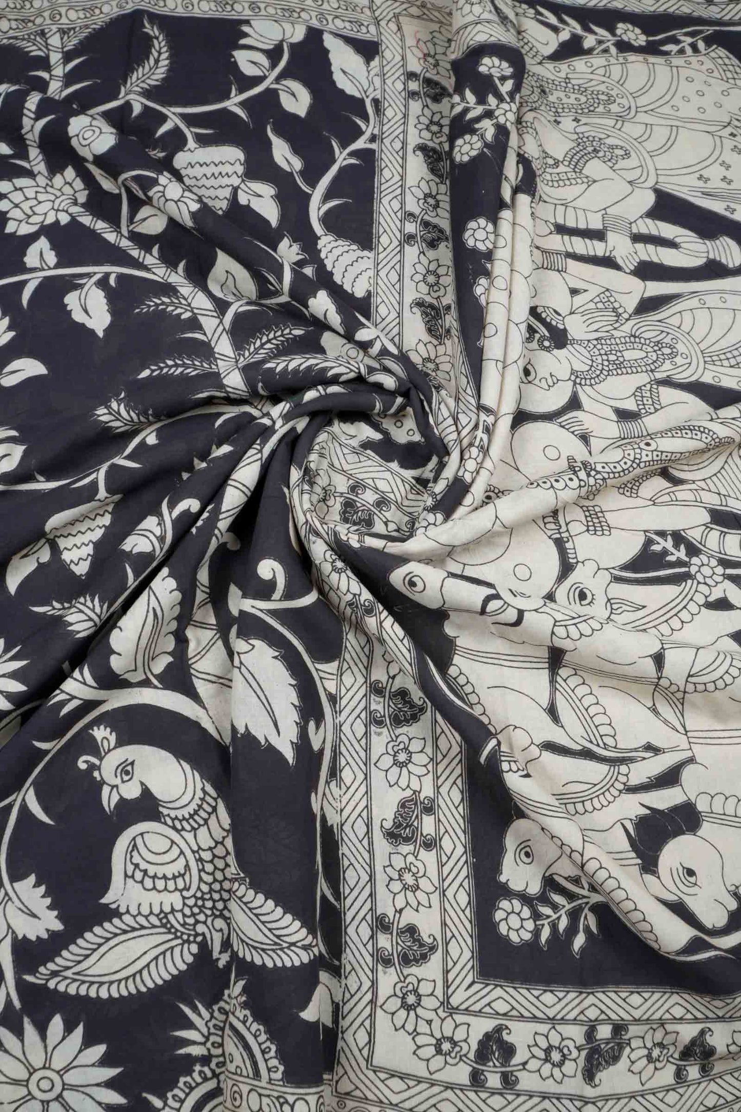 Black Kalamkari Pure Cotton Garden Print Royal Cow Pallu Saree