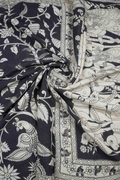 Black Kalamkari Pure Cotton Garden Print Royal Cow Pallu Saree