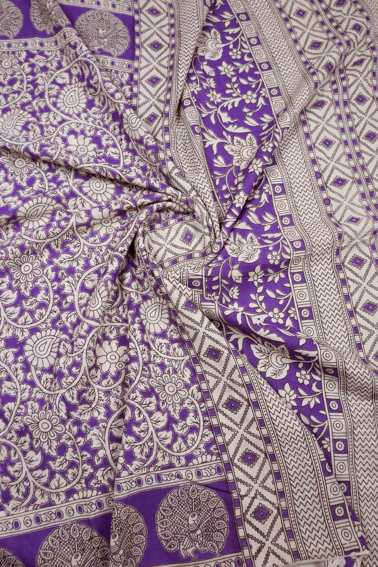 Violet  Kalamkari Pure Cotton Floral Print Peacock Border  Saree
