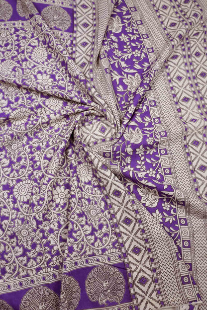 Violet  Kalamkari Pure Cotton Floral Print Peacock Border  Saree