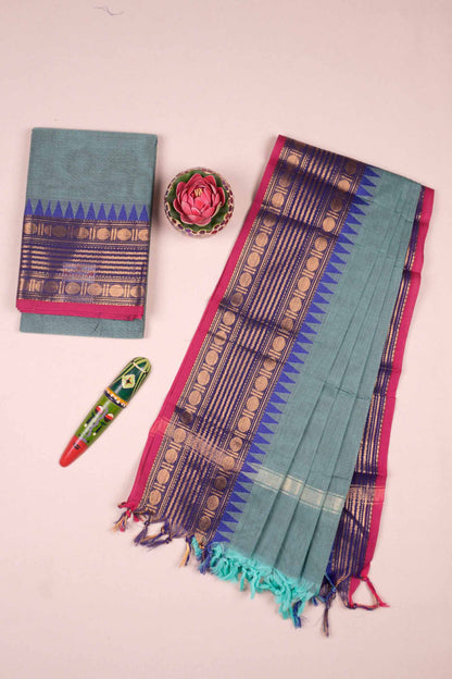 Light Teal Blue Pure Chettinad Cotton Plain Chudithar Material Rudraksh and Temple Border Suit