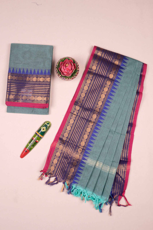 Light Teal Blue Pure Chettinad Cotton Plain Chudithar Material Rudraksh and Temple Border Suit