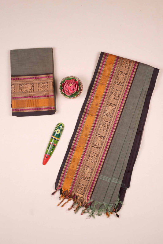 Light Green  Grey Pure Chettinad Cotton Plain Chudithar Material Traditional Border Suit