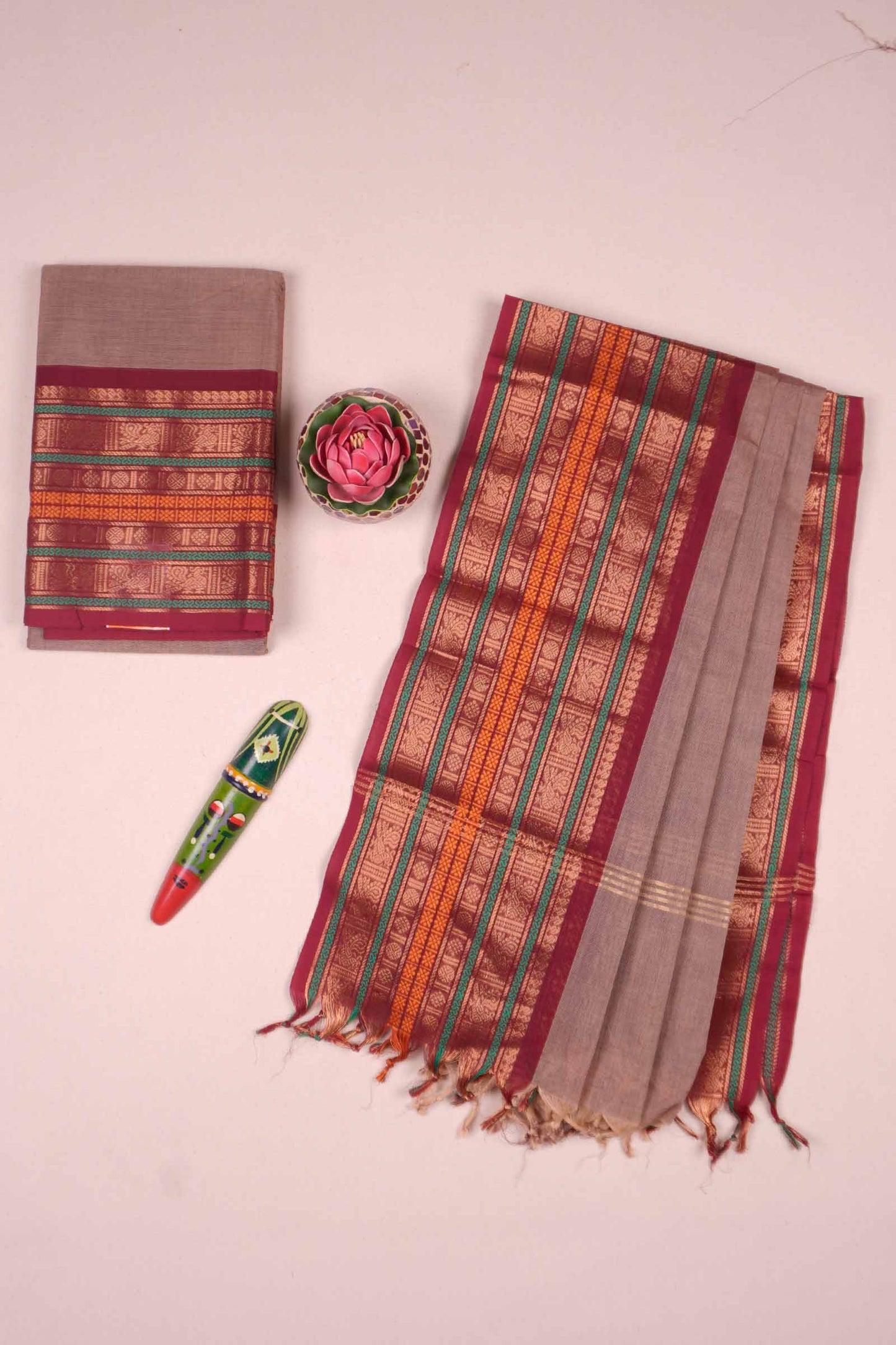 Biege Pure Chettinad Cotton Plain Chudithar Material Double Zari Border Suit