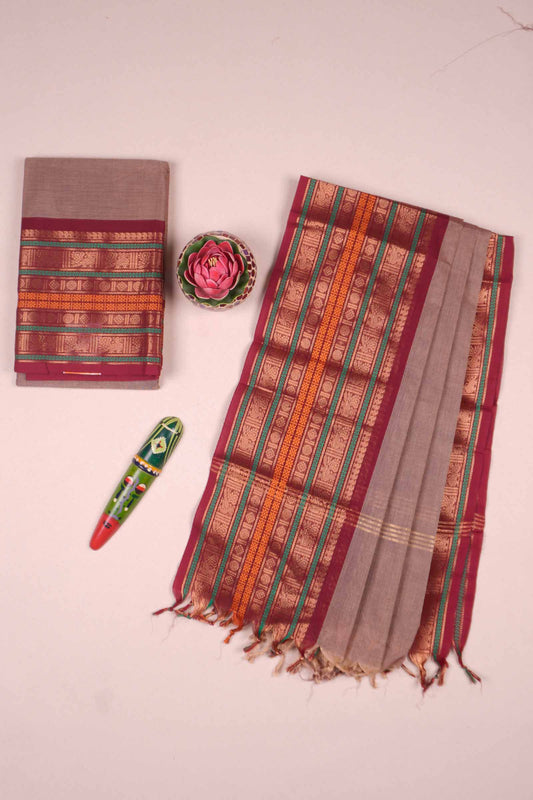 Biege Pure Chettinad Cotton Plain Chudithar Material Double Zari Border Suit