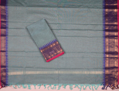Light Teal Blue Pure Chettinad Cotton Plain Chudithar Material Rudraksh and Temple Border Suit