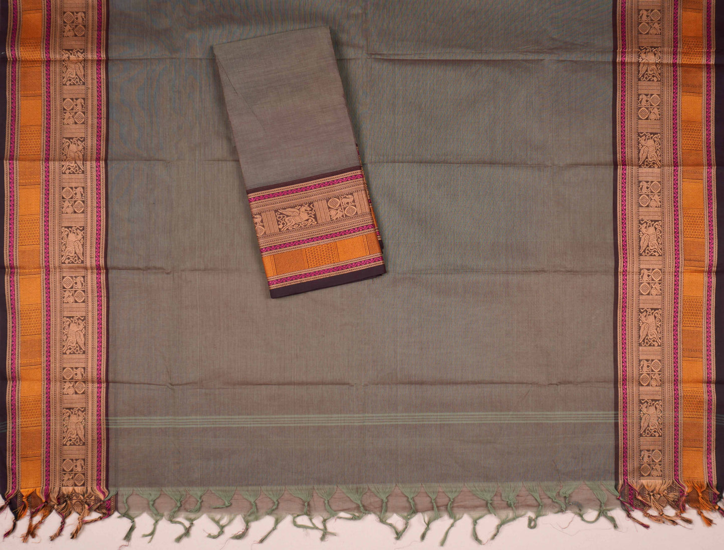 Light Green  Grey Pure Chettinad Cotton Plain Chudithar Material Traditional Border Suit