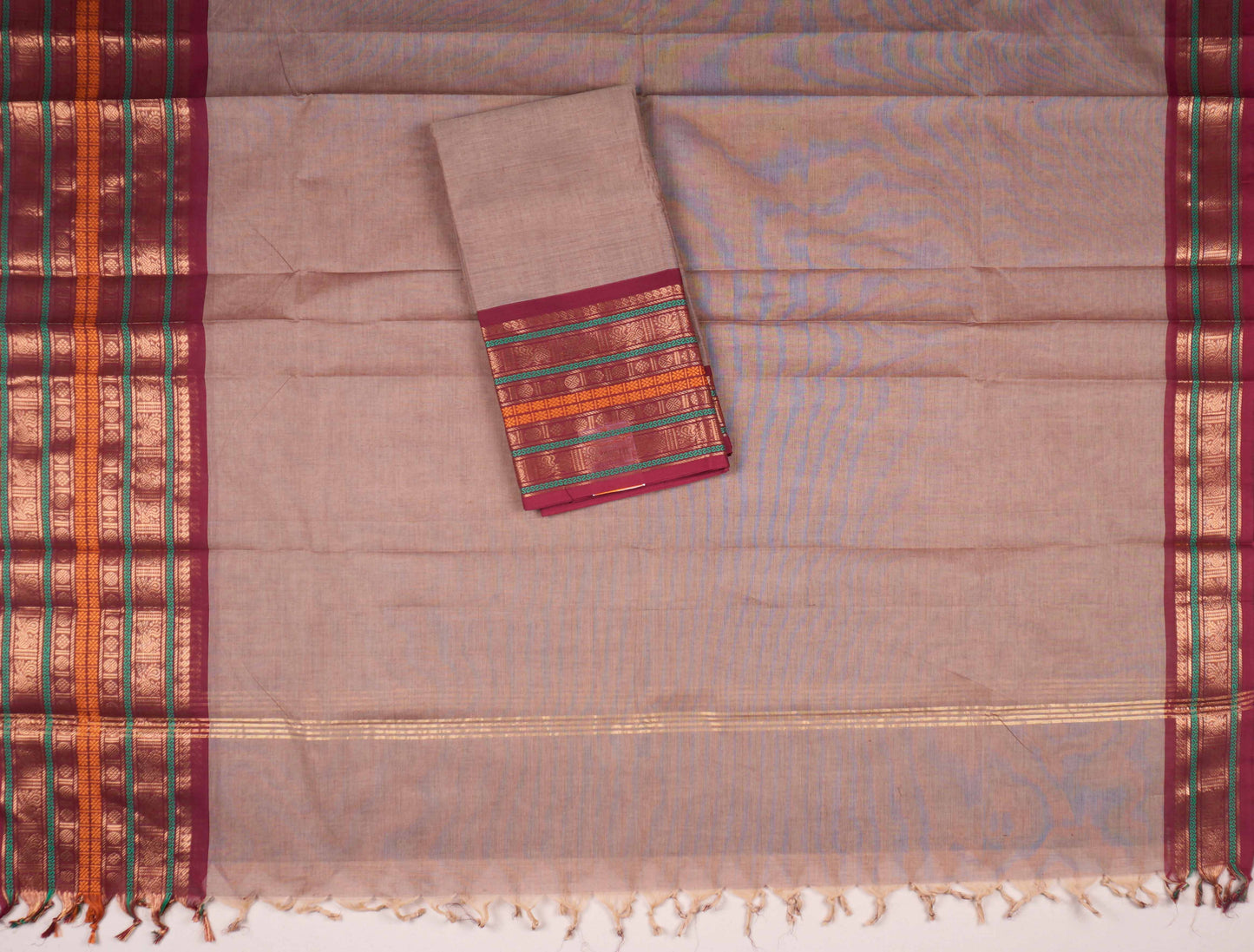 Biege Pure Chettinad Cotton Plain Chudithar Material Double Zari Border Suit