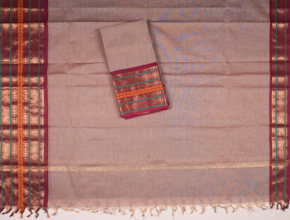 Biege Pure Chettinad Cotton Plain Chudithar Material Double Zari Border Suit