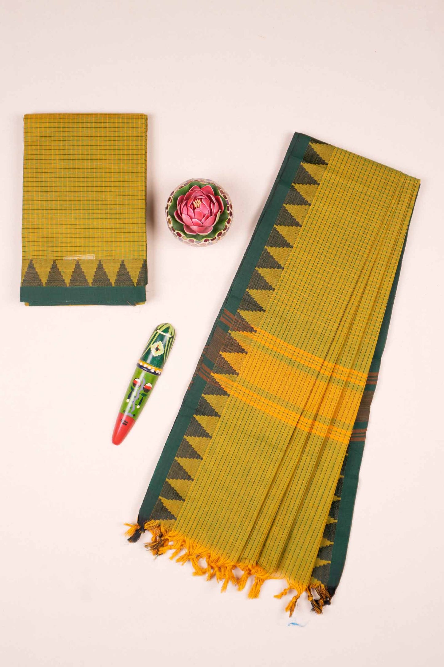Green Pure Chettinad Cotton Chudithar Material Mini Checks Tower Border Suit