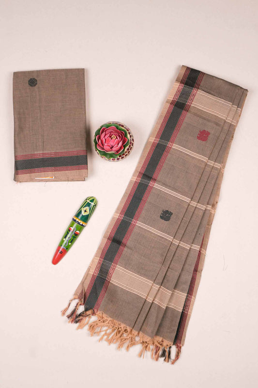 Light Beige Grey Pure Chettinad Cotton Chudithar Material Peacock Butta Suit