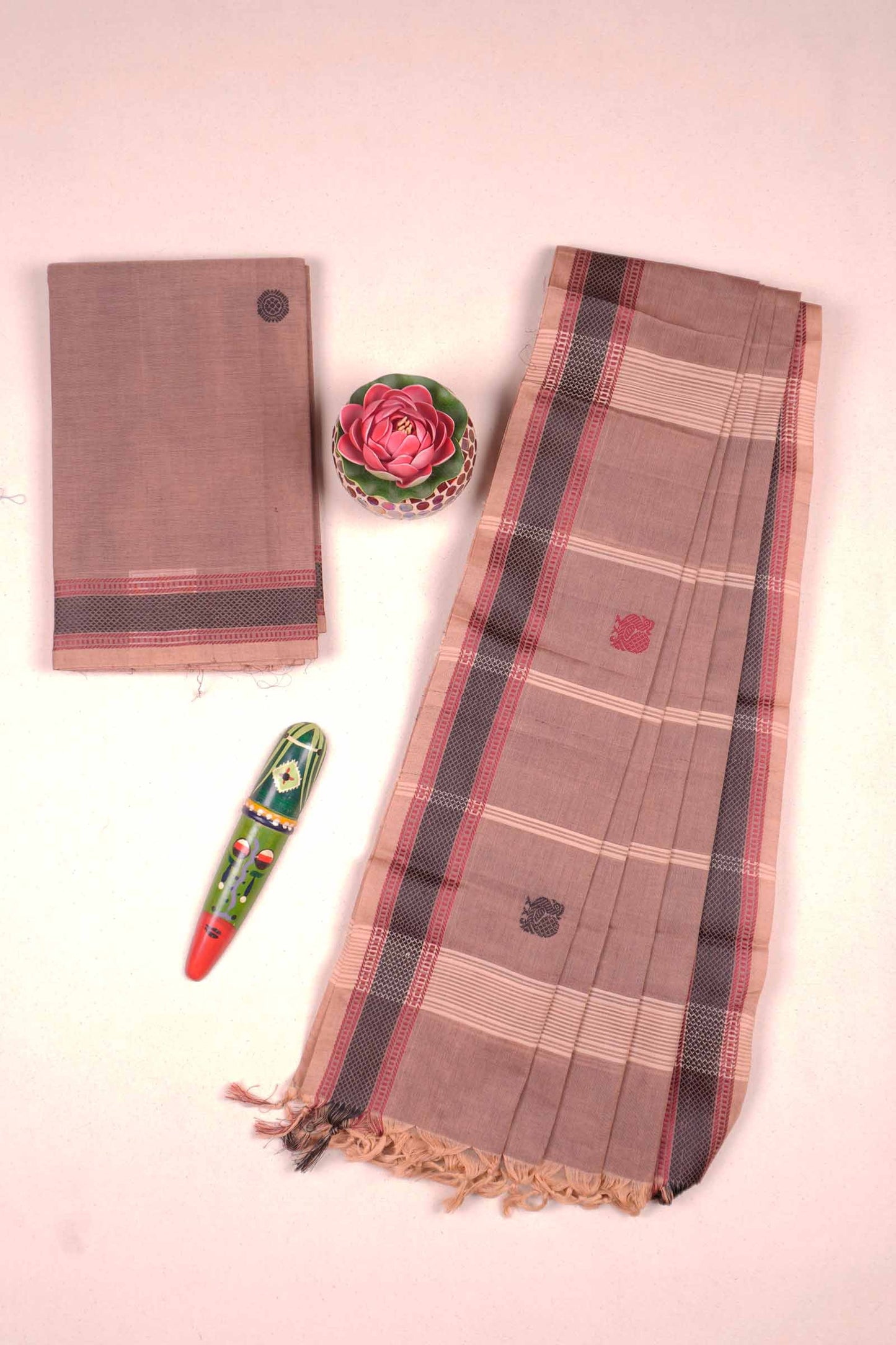 Light Brown Pure Chettinad Cotton Chudithar Material Peacock Butta Suit
