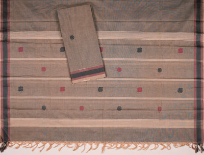 Light Beige Grey Pure Chettinad Cotton Chudithar Material Peacock Butta Suit