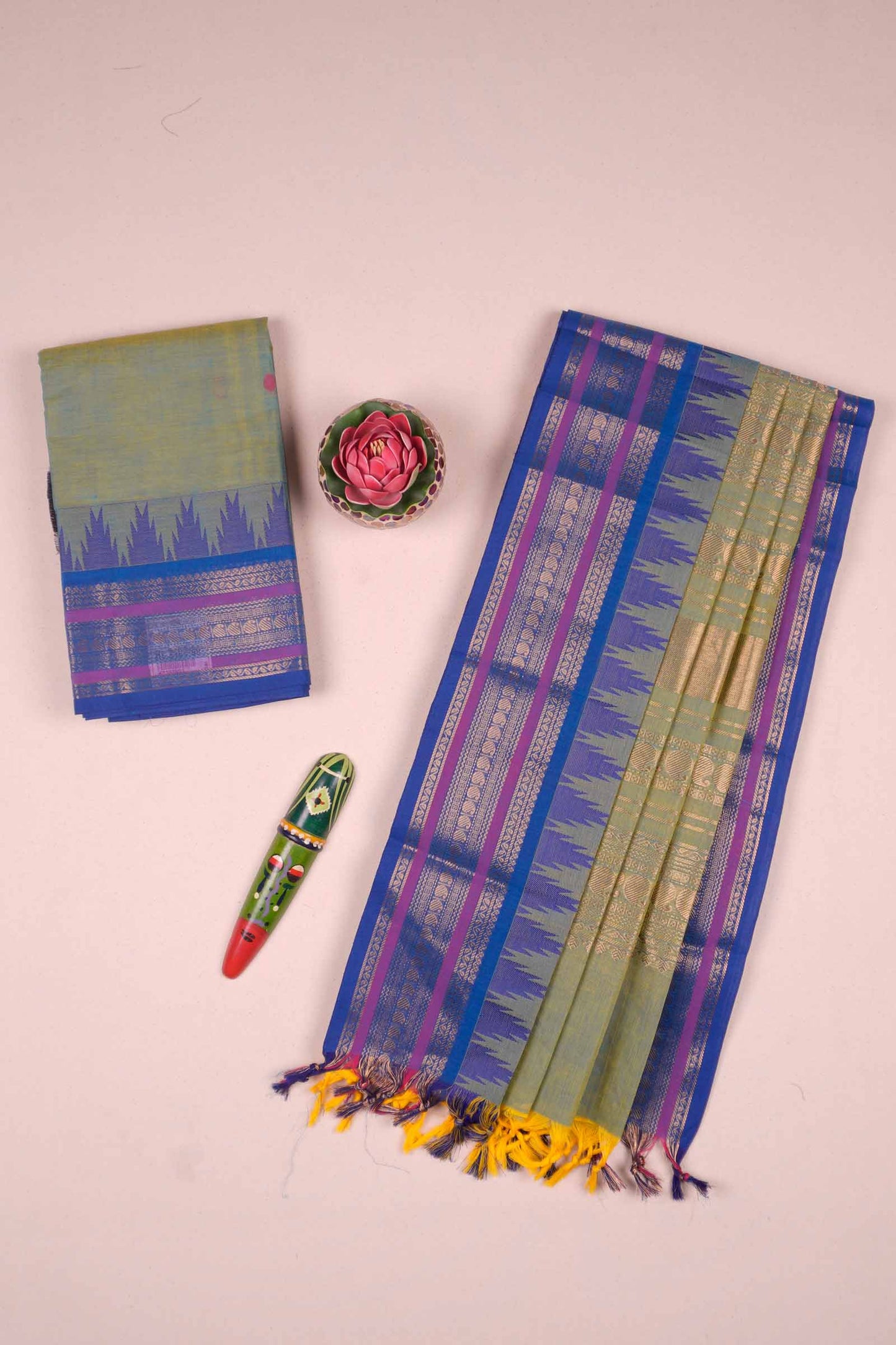 Green Pure Chettinad Cotton Chudithar Material Mini Butta Temple Border Zari Suit
