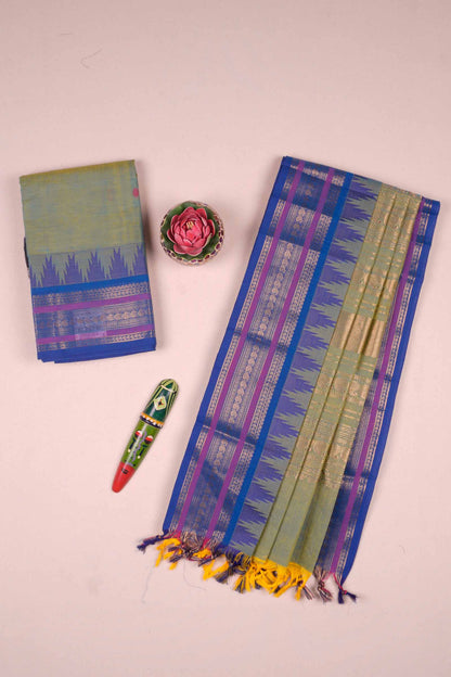 Green Pure Chettinad Cotton Chudithar Material Mini Butta Temple Border Zari Suit