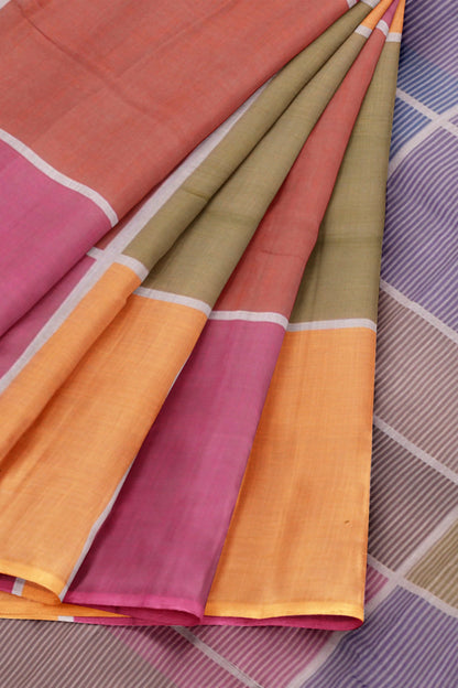 Pink Yellow Multi Colour Semi Linen Checks Saree