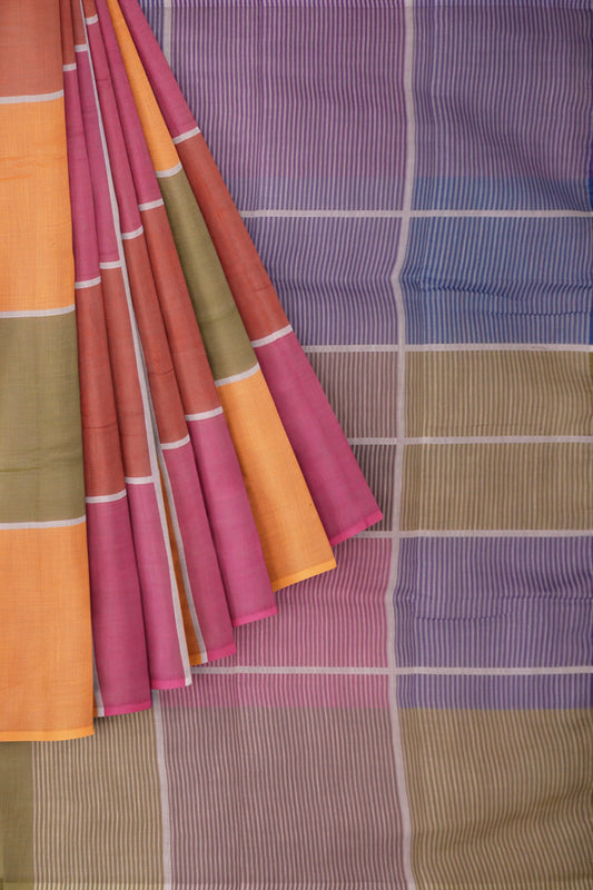 Pink Yellow Multi Colour Semi Linen Checks Saree