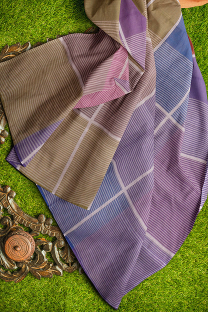 Pink Yellow Multi Colour Semi Linen Checks Saree