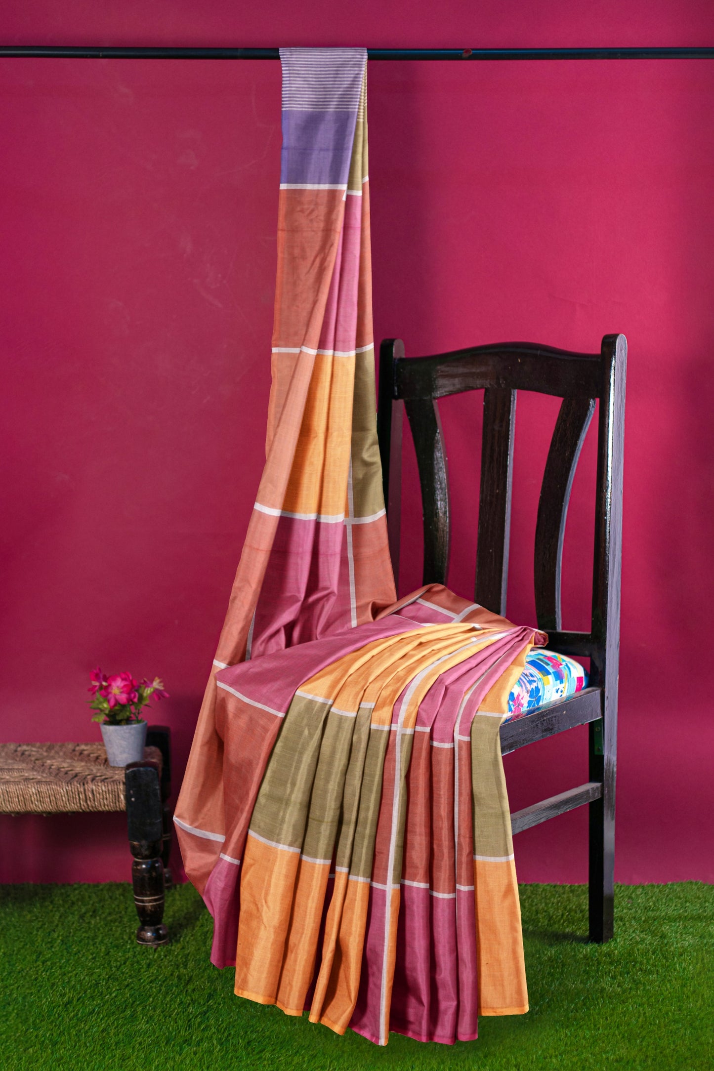 Pink Yellow Multi Colour Semi Linen Checks Saree