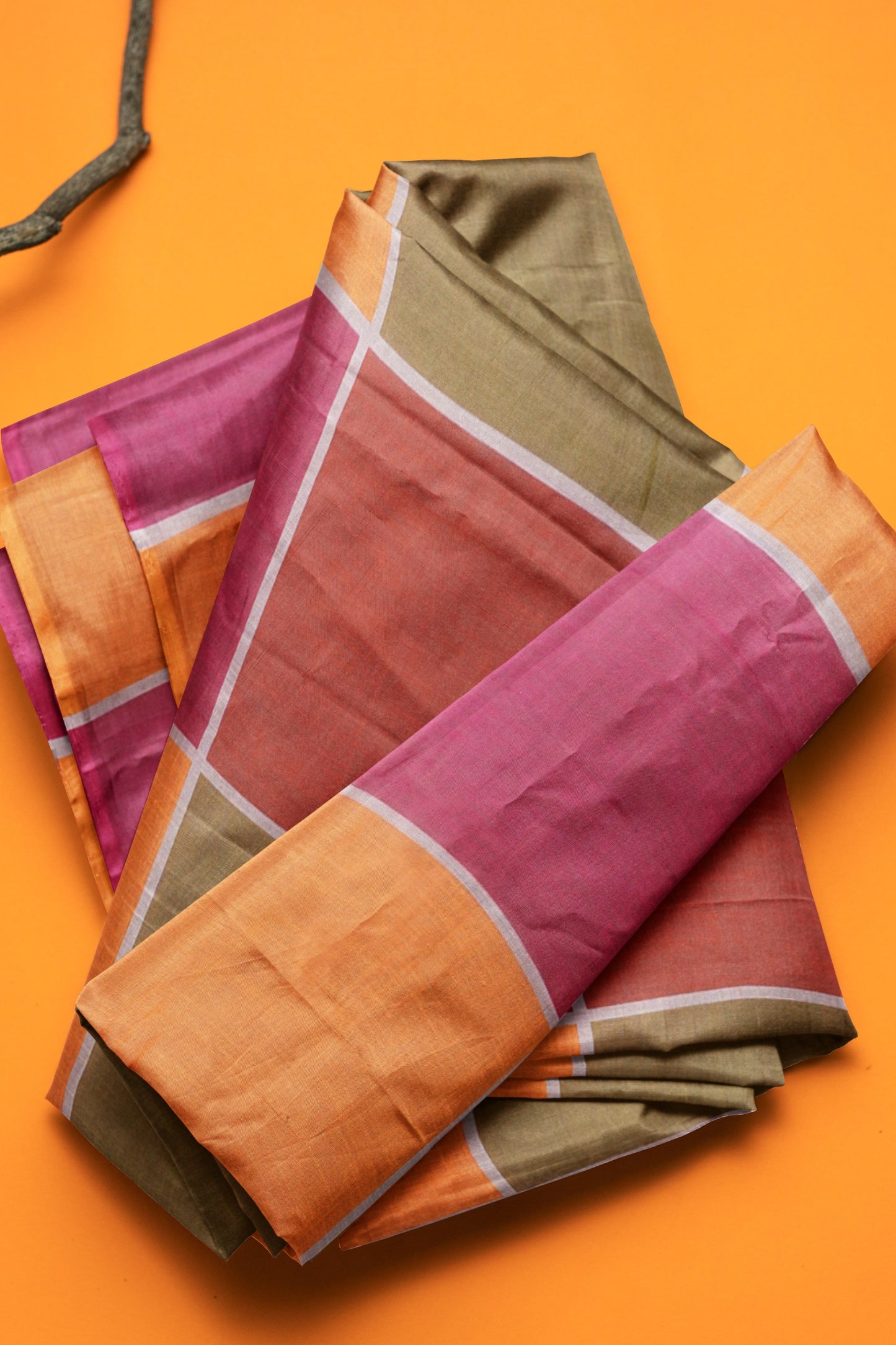 Pink Yellow Multi Colour Semi Linen Checks Saree