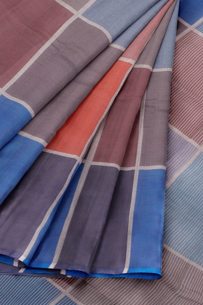 Blue Multi Colour Semi Linen Checks Saree