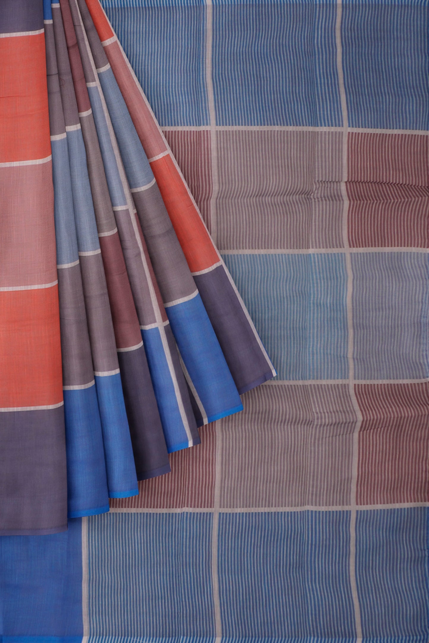 Blue Multi Colour Semi Linen Checks Saree
