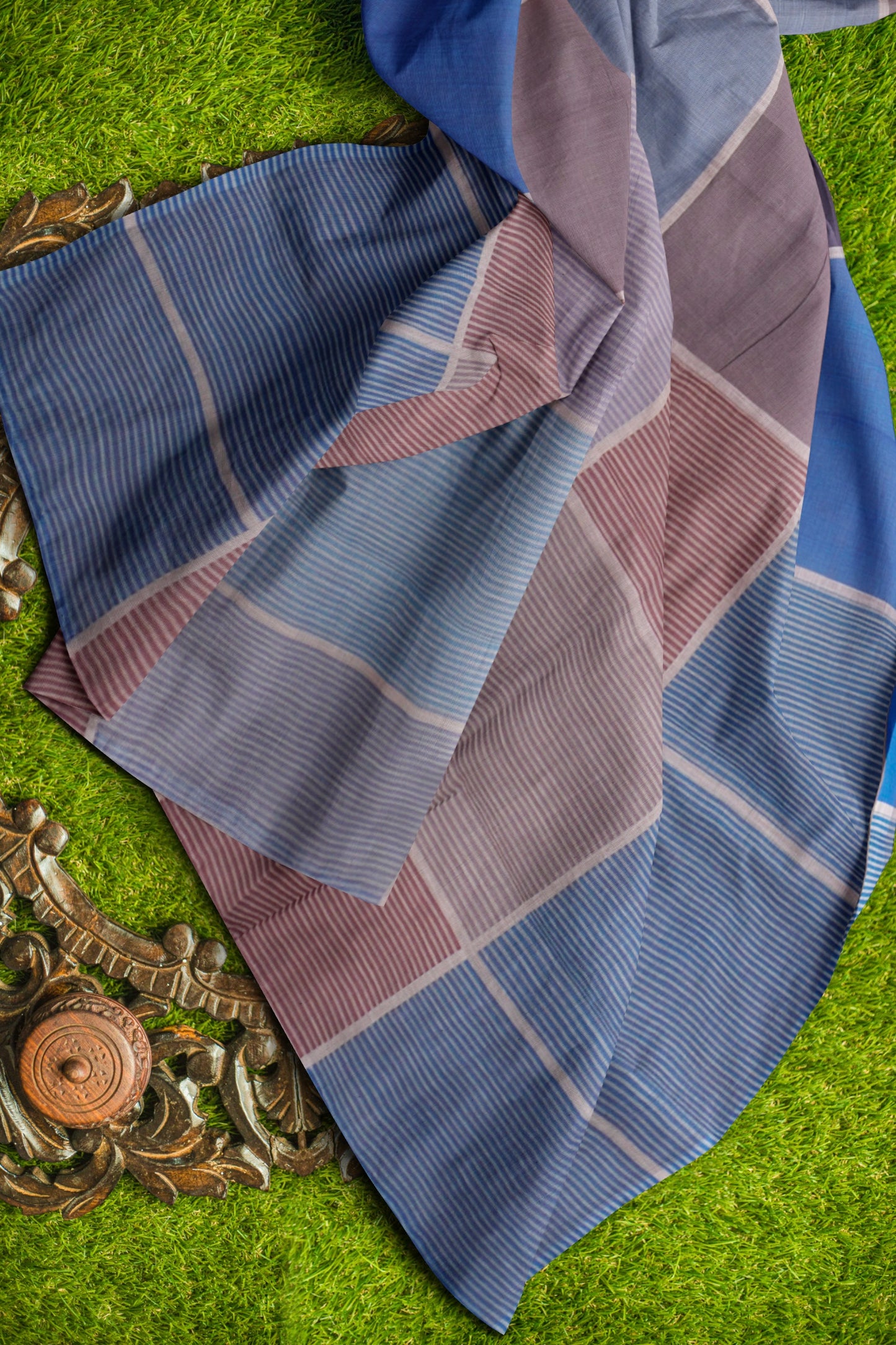 Blue Multi Colour Semi Linen Checks Saree