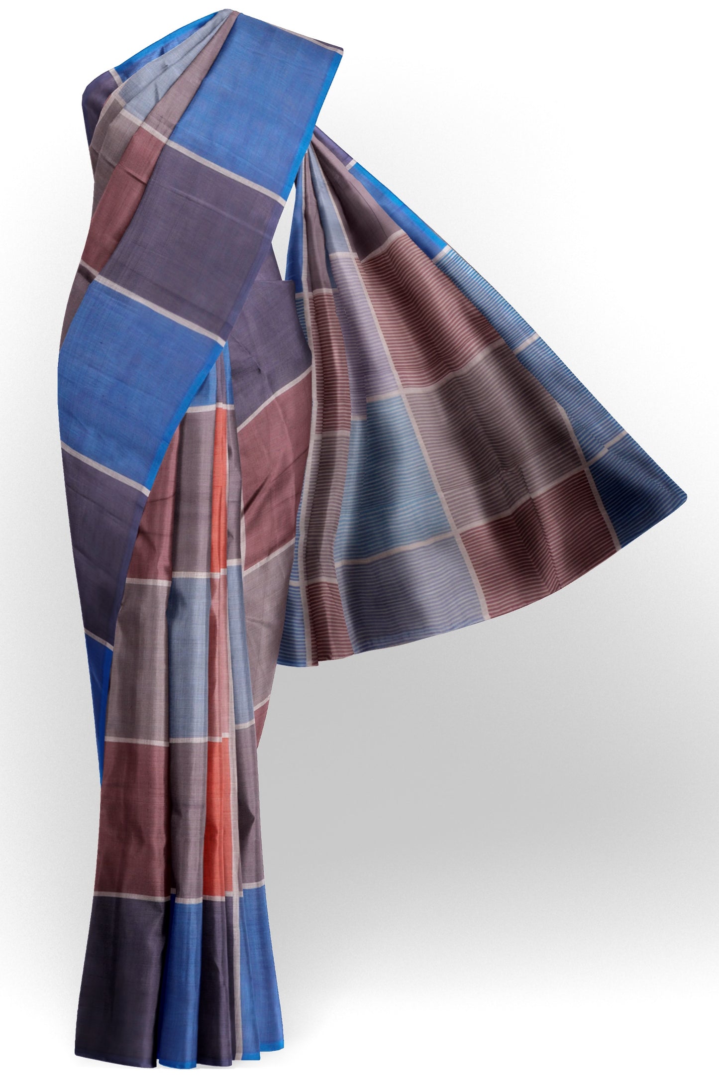Blue Multi Colour Semi Linen Checks Saree