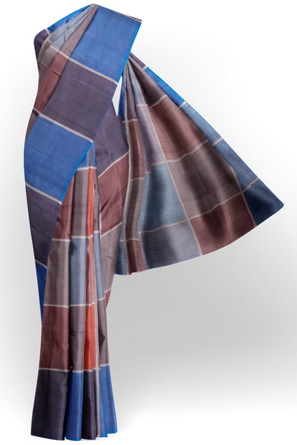 Blue Multi Colour Semi Linen Checks Saree