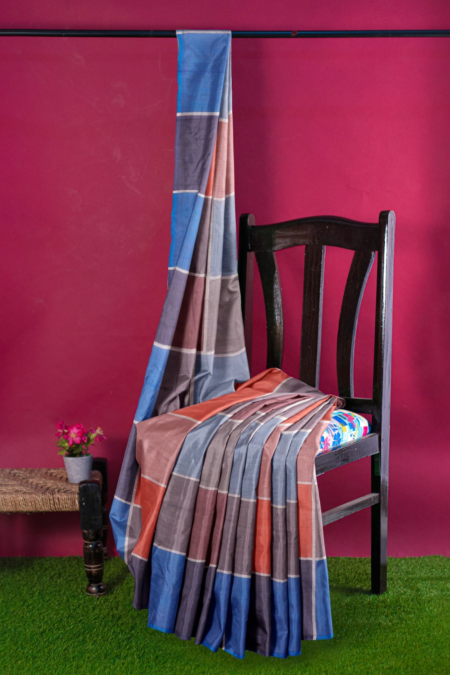 Blue Multi Colour Semi Linen Checks Saree