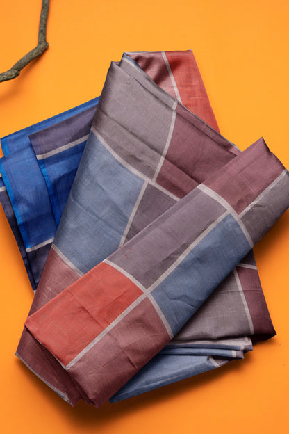 Blue Multi Colour Semi Linen Checks Saree