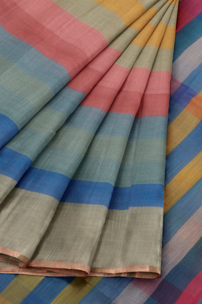 Green Multi Colour Semi Linen Checks Saree