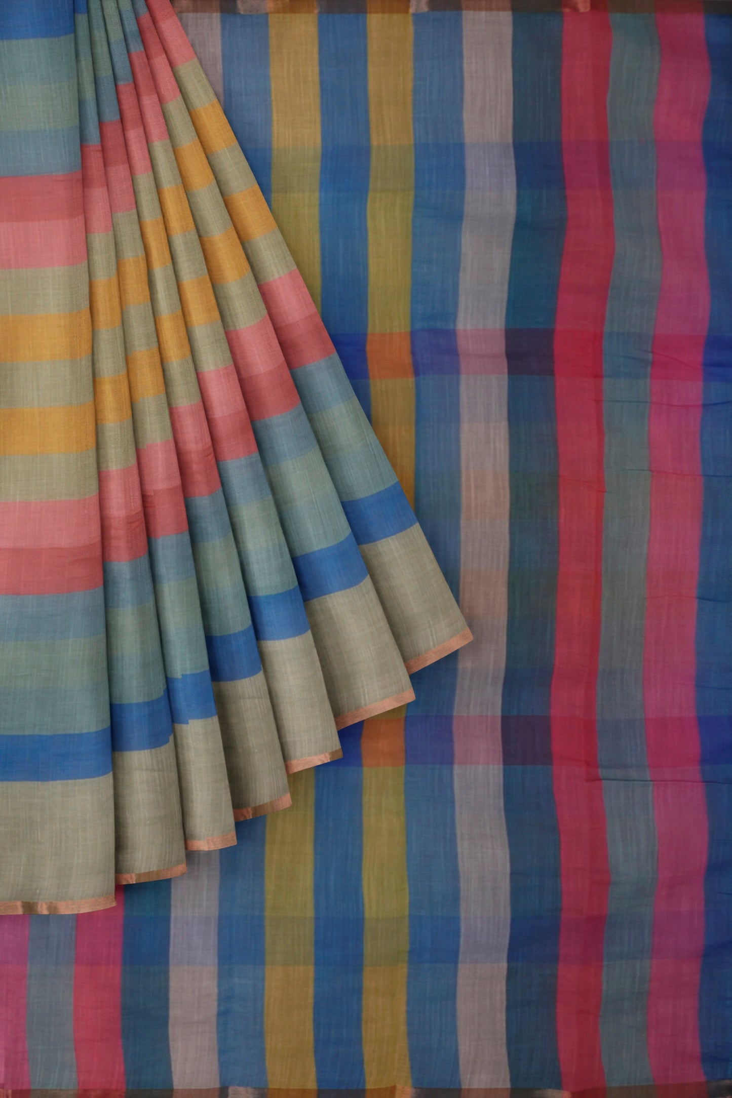 Green Multi Colour Semi Linen Checks Saree