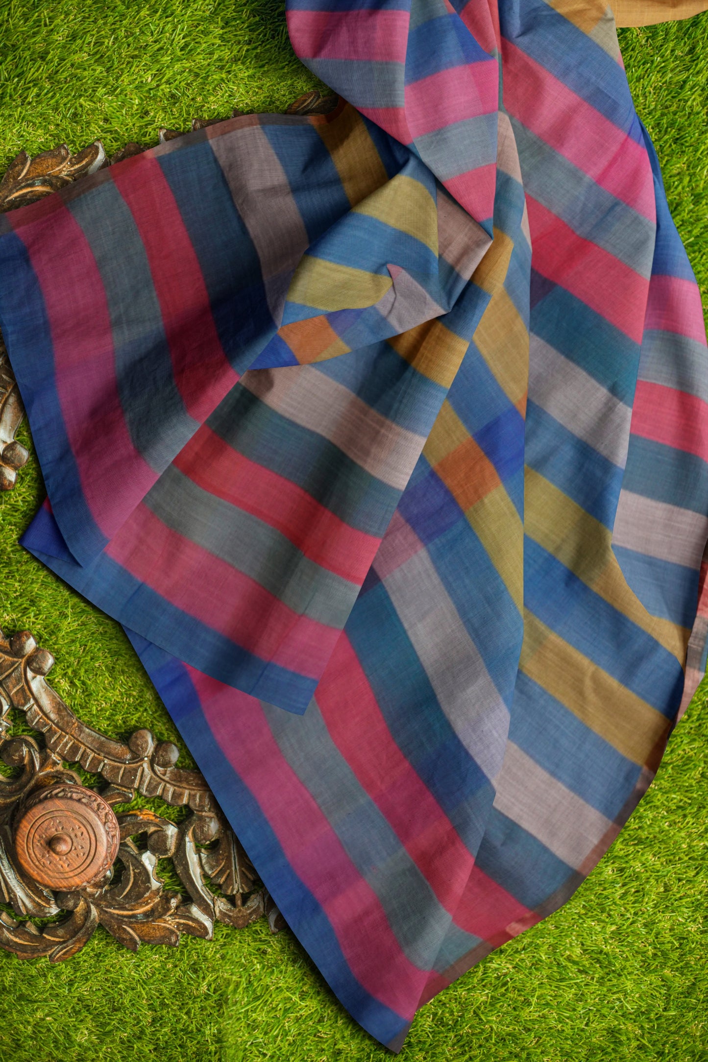 Green Multi Colour Semi Linen Checks Saree