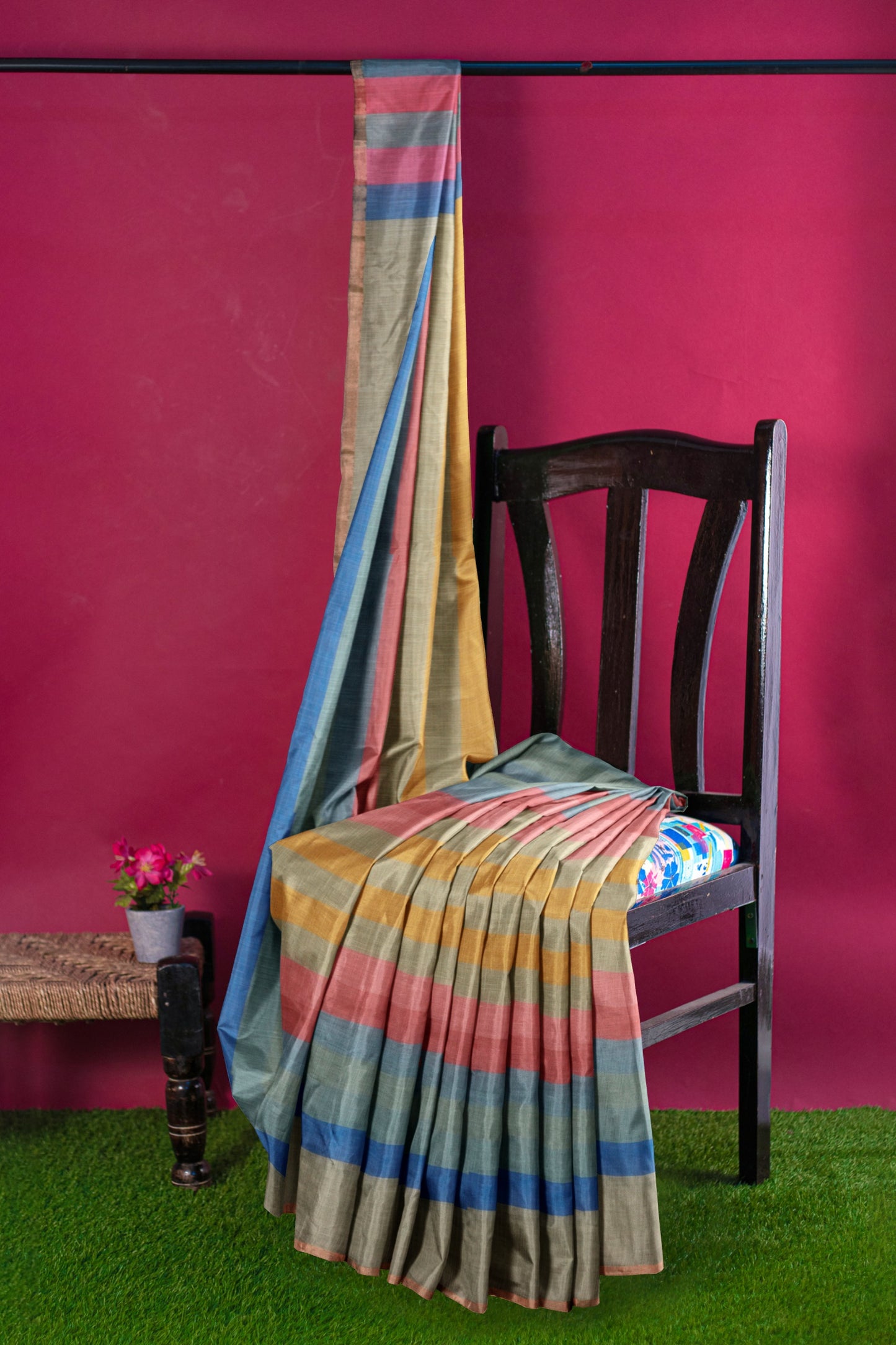 Green Multi Colour Semi Linen Checks Saree