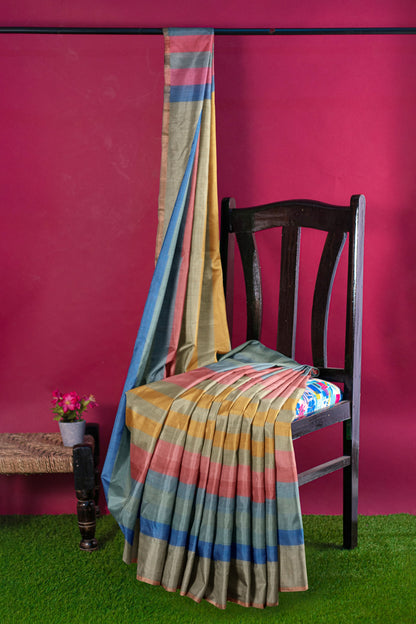 Green Multi Colour Semi Linen Checks Saree