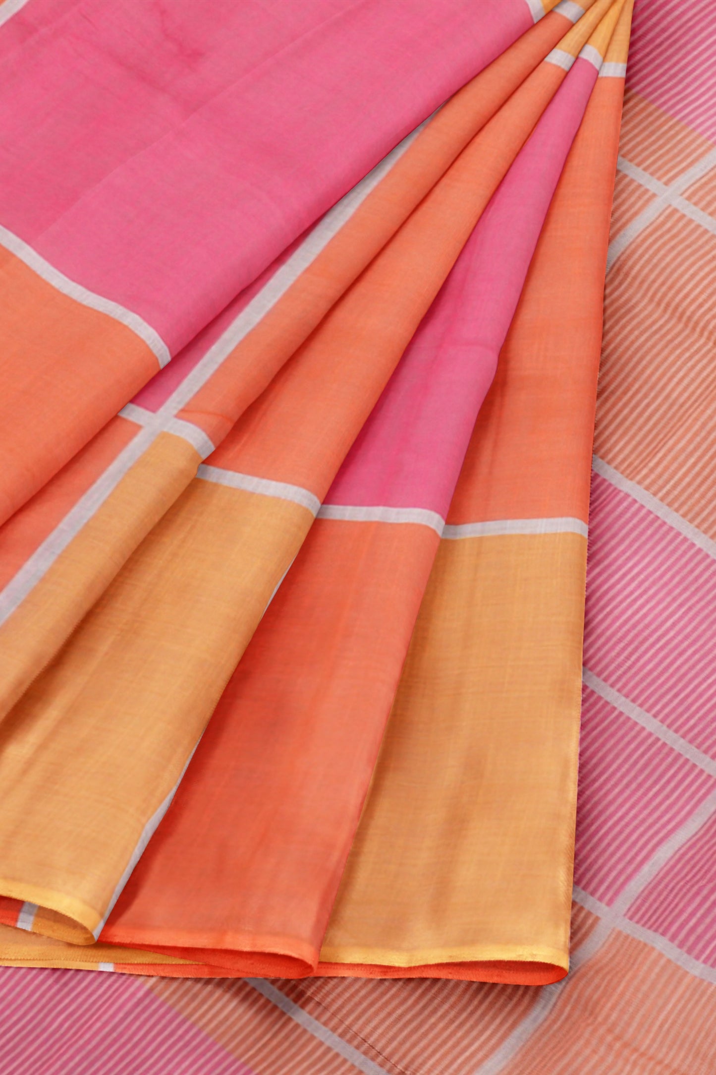 Yellow Pink Multi Colour Semi Linen Checks Saree