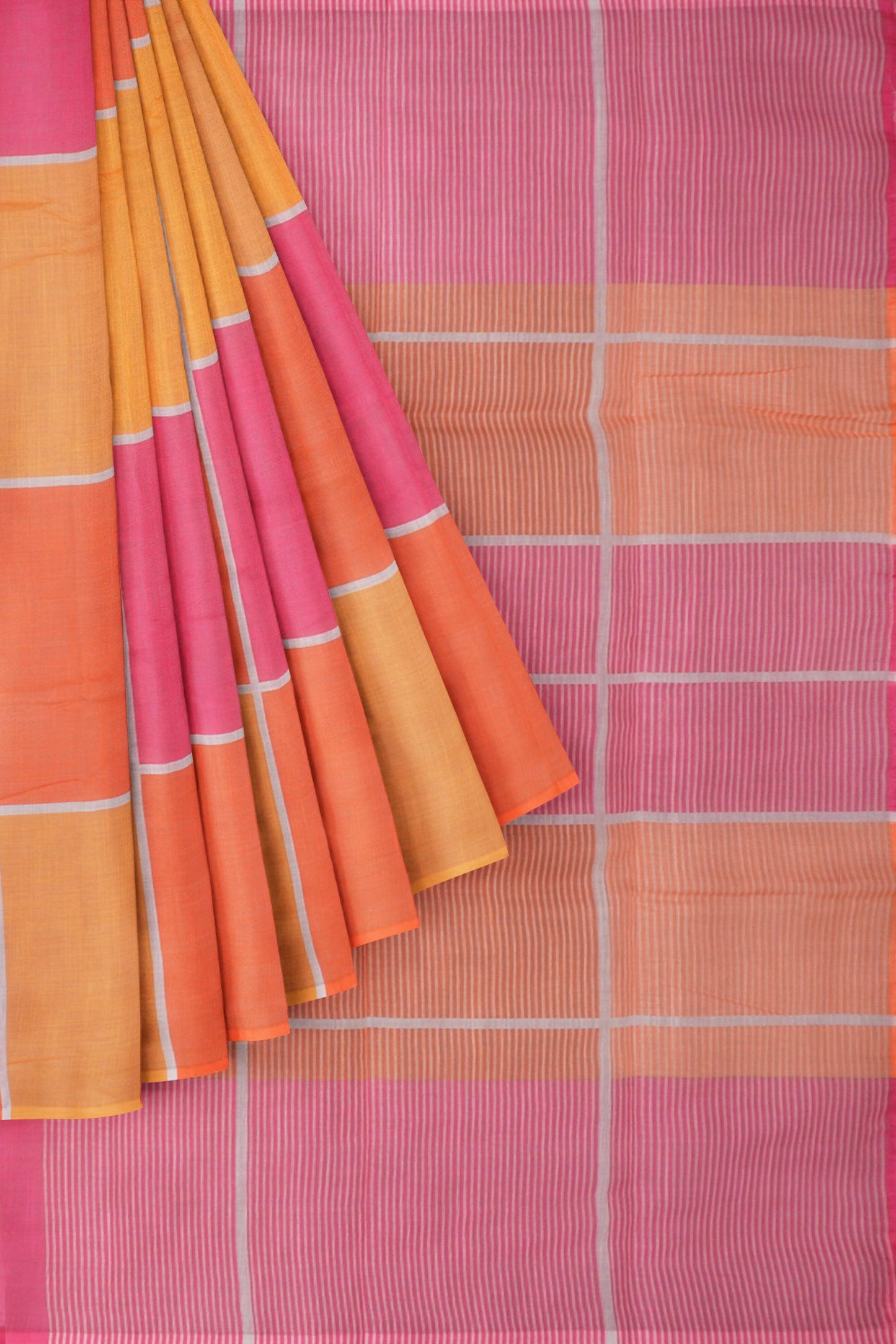 Yellow Pink Multi Colour Semi Linen Checks Saree