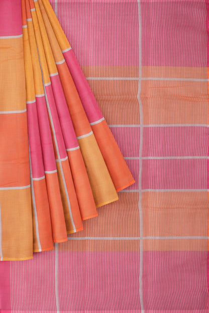 Yellow Pink Multi Colour Semi Linen Checks Saree