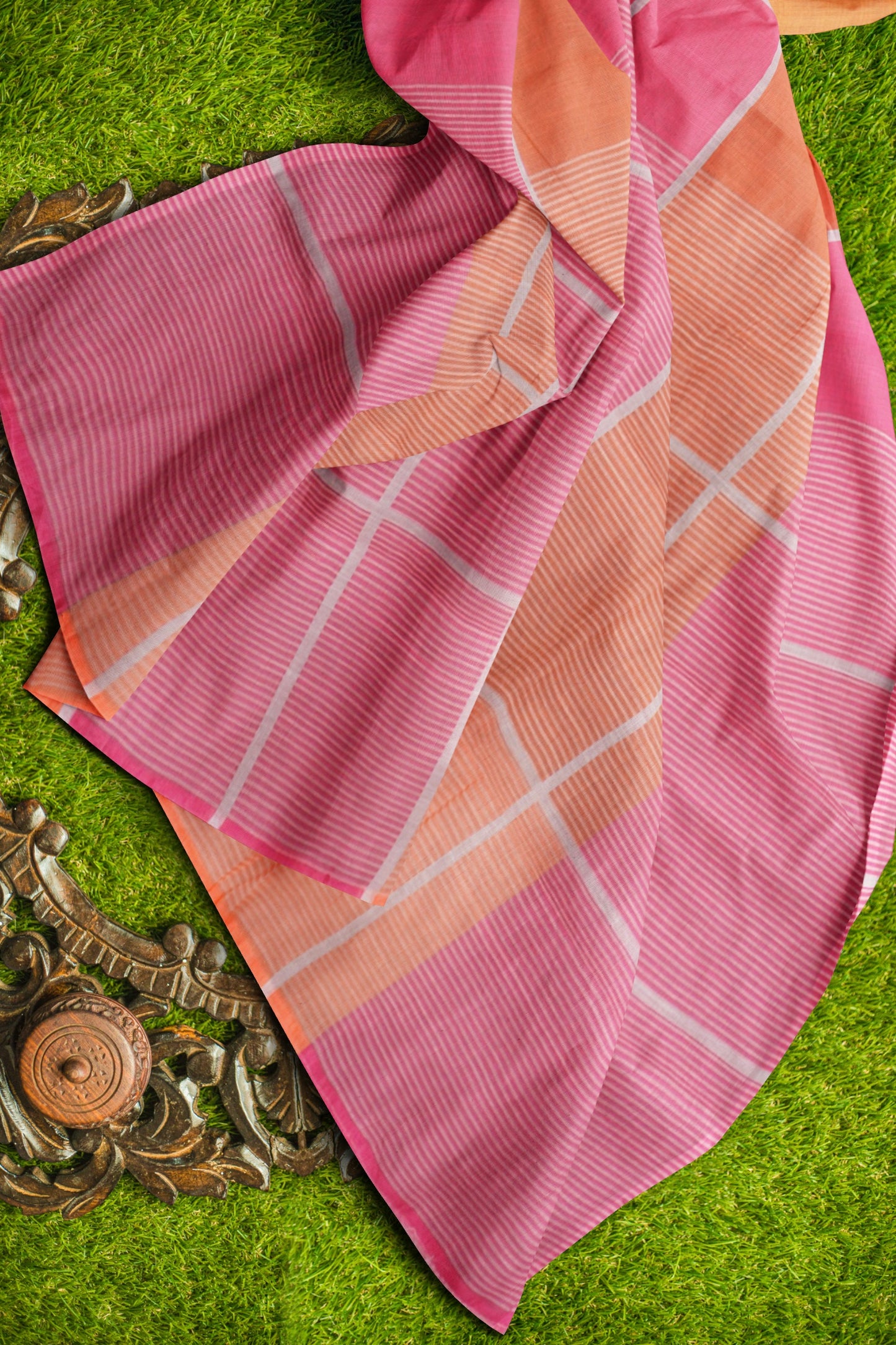 Yellow Pink Multi Colour Semi Linen Checks Saree